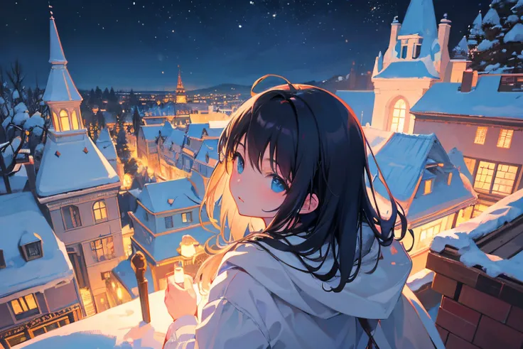 Create exquisite illustrations reminiscent of Makoto Shinkais style, It has ultra-fine details and top-notch quality. Creating an illustration with a Christmas theme featuring a girl sitting on a rooftop, eyes closed, gazing at the snowy sky. The scene aim...