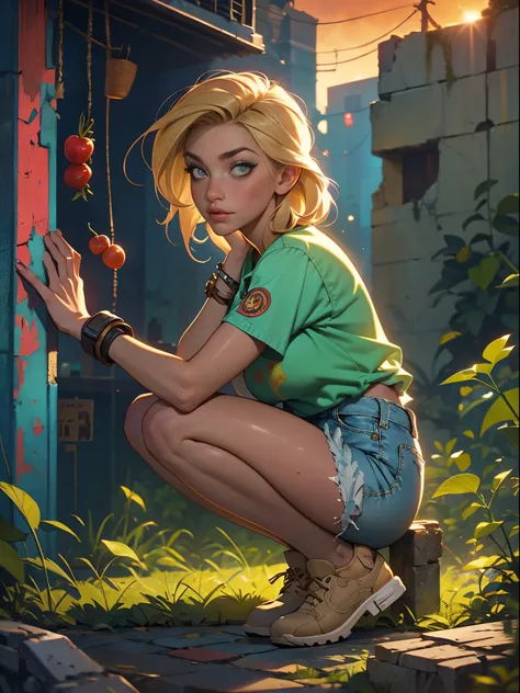 2076 year. The Urban Ruins of the Wasteland, Female huntress picking fruit in the garden, beautiful face, blonde, badly torn shirt and denim shorts ,  long legs, sweating through, sun rising, Nice warm colors, head to toe, full body shot, pretty hands, per...