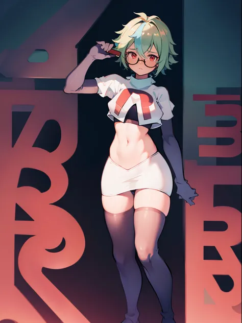 sucrose (genshin impact), glasses,team rocket,team rocket uniform, red letter R, white skirt,white crop top,black thigh-highs,black elbow gloves