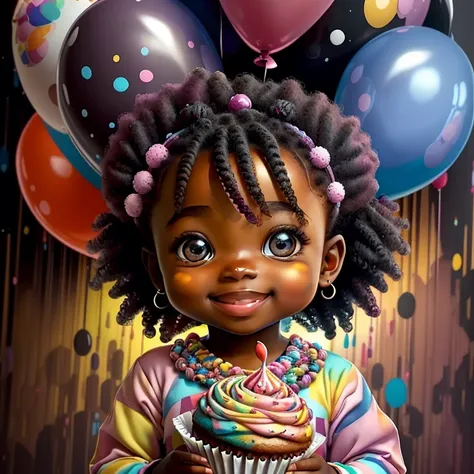 (cute black baby girl with a cupcake and ballons smiling),(melhor pose),(best angle), (better expression), Eduardo Kobra acolchoamento ,multidimensional geometric wall PORTRAIT, arte, Chibi,
Yang08k, lindo, Colouring,
Primary works, qualidade superior, mel...