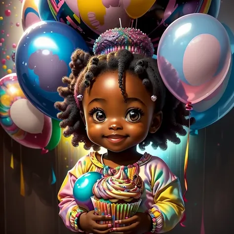 (cute black baby girl with a cupcake and ballons smiling),(melhor pose),(best angle), (better expression), Eduardo Kobra acolchoamento ,multidimensional geometric wall PORTRAIT, arte, Chibi,
Yang08k, lindo, Colouring,
Primary works, qualidade superior, mel...