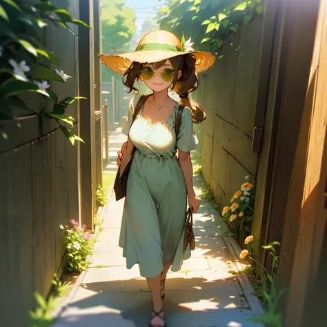 1female, young adult, long brown curly ponytail, finely detailed green eyes, sunglasses, sundress, sunhat, standing on path, walking down alley, light smile, flowers, best lighting and shadows, tokyo