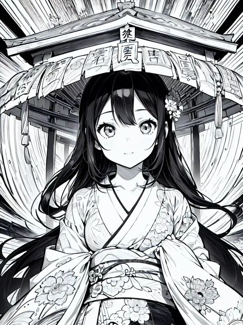 black and white manga style, Highly Detailed, Masterpiece, Hyper detailed, Illustration, (1 girl, 16 years old japanese woman figure), (wearing kimono), in the shrine, cinematic shot, ((manga, manga style, black and white))