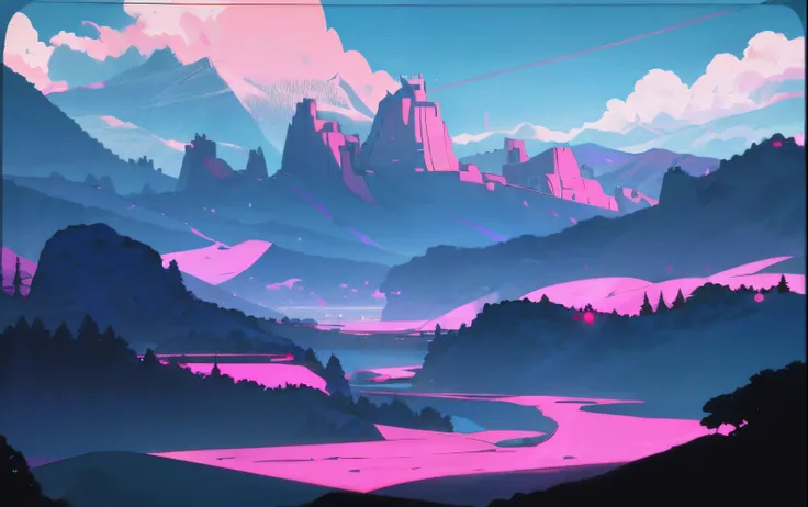 Mountains, rivers, palaces, blue skies, white clouds, trees. synthwave