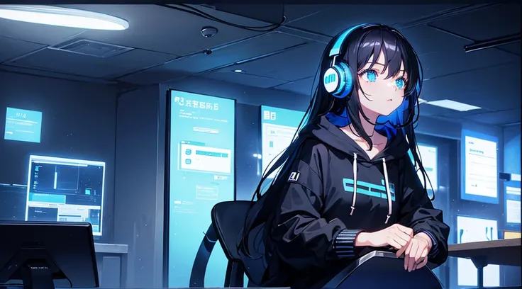 (1girl, black hair, long hair, headphones, hoodie, leaning back in the chair and looking up at the ceiling), (dark room, blue monitor light, blue neon)