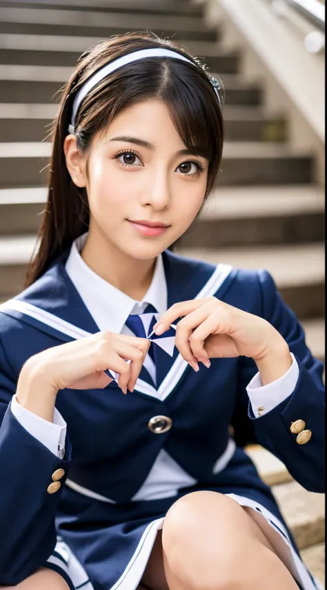 Arab Asian woman in uniform sitting cross-legged on the stairs, girl wearing school uniform, Wearing school uniform, Wearing a school uniform, japanese girl school uniform, Cute Schoolgirl, JK Uniform, wearing japanese school uniform, a hyperrealistic scho...