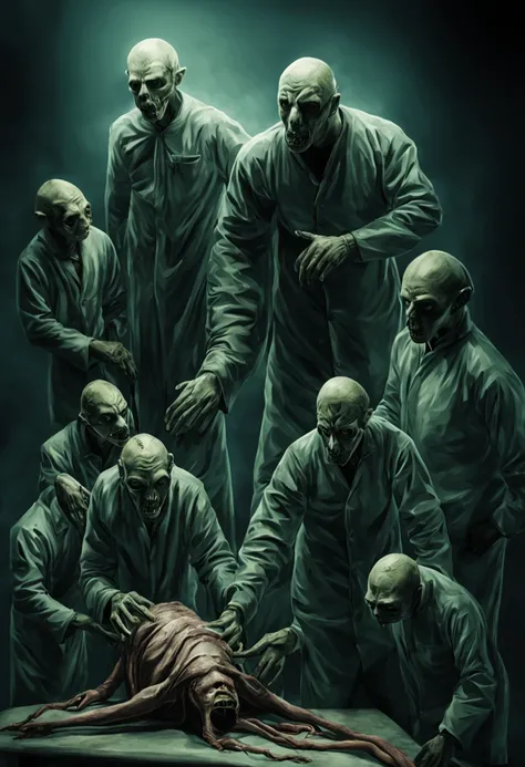 Terrifying Alien Autopsy in grunge dirty style. A dark and dingy room. A group of scientists in white coats huddle around a long metal table. On the table, a large, alien body lies exposed. The body is covered in strange, pulsing veins. Its skin is a sickl...