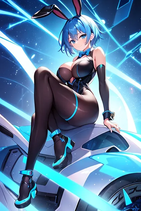 1girl, blue hair, large breasts, bunny ears, rabbit ears, wide hips, bodysuit, black bodysuit, blue eyes, short hair, very short hair, science-fiction, tech, futuristic, machinery, full body, neon trim, happy, light smile, shoes, car