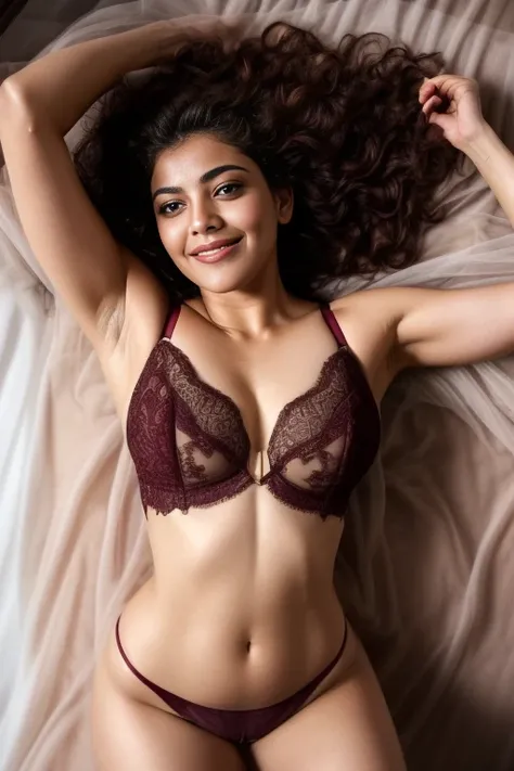 day scene, extreme close up photo of fully naked arabic woman from top view, big cheeks, swooping breasts, chin up, kneeling in a bedroom, maroon see through bra, brown curly hair, armpits, (brown eyes:1), 20 yo, look at viewer and smile seductively, (cine...