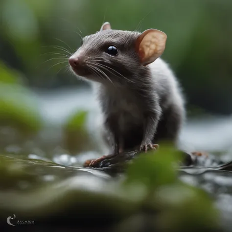 gremlin, mole-like, bright silver and brown, long tail, large ears, covered with silver wool, water, stands on the shore, Best Quality, Masterpiece, in style of dark fantasy art, Flora, Miki Asai Macro Photography, a closeup of a, Ultra Detailed, Popular o...