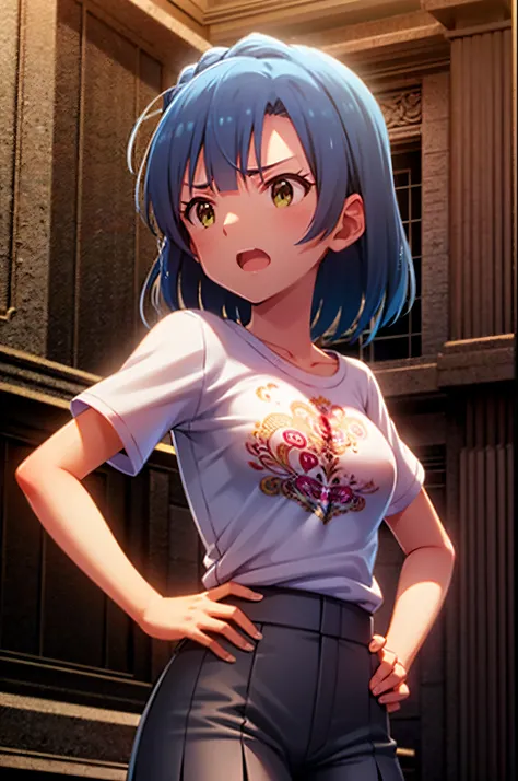 yuriko nanao (million live). Short stature. (((white t-shirts))).(((Skirt))).(((masterpiece))).(((best quality))).((Ultra-detailed))).(((illustratio))). (((put hands on the hip))).(((a room))).(((make a fist))).(((up chest))).Despair face.((short-hair)).((...