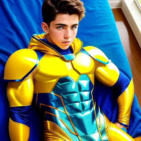 A 14 year old boy  muscular with eight packs putting on a super hero suit covering him from his neck to bottom with boots on his suit is coloured blue and golden yellow