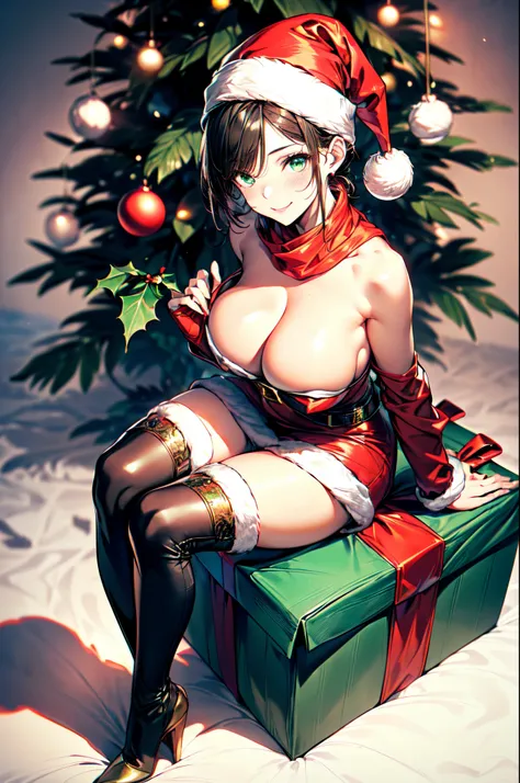 (Scine of Xmas events in Home party:1.3), Nordic, ((matured girl wearing Sexy Santa clause costume with far:1.3, red dress with green, holding a present box in both hands to give viewers:1.2, close to viewers:1.2, harass sexually:1.25)), a matured woman wi...