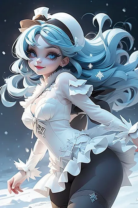 masterpiece, best quality, a snow horned vampiress smiling, blue lips, blue hair, intense blue smokey eyes makeup, (snow material) clothing, (crystal) hair bow, crop shirt, sheer draped skirt, ((white tights)), ((black pumps)), playing with the snow, froze...