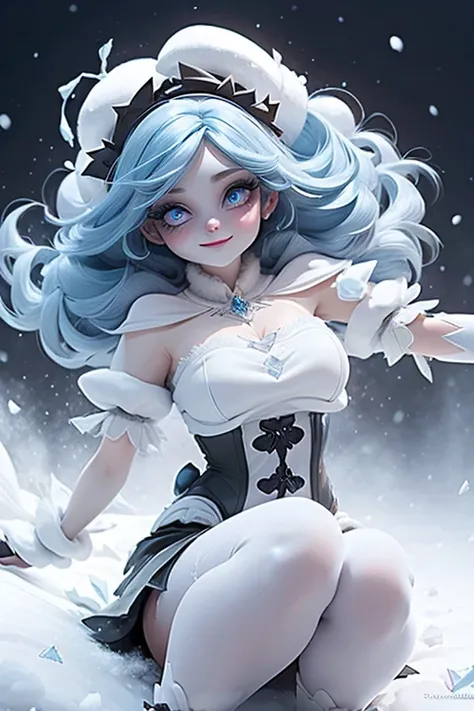 masterpiece, best quality, a snow horned vampiress smiling, blue lips, blue hair, intense blue smokey eyes makeup, (snow material) clothing, (crystal) hair bow, crop shirt, sheer draped skirt, ((white tights)), ((black pumps)), playing with the snow, froze...