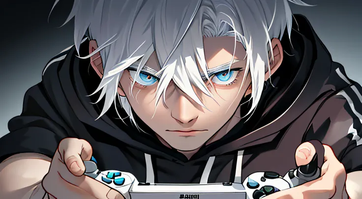 white hair young man holding the controller while facing the camera , wearing a hoodie