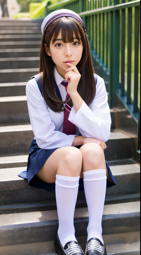 Arab Asian woman in uniform sitting cross-legged on the stairs, girl wearing school uniform, Wearing school uniform, Wearing a school uniform, japanese girl school uniform, Cute Schoolgirl, JK Uniform, wearing japanese school uniform, a hyperrealistic scho...