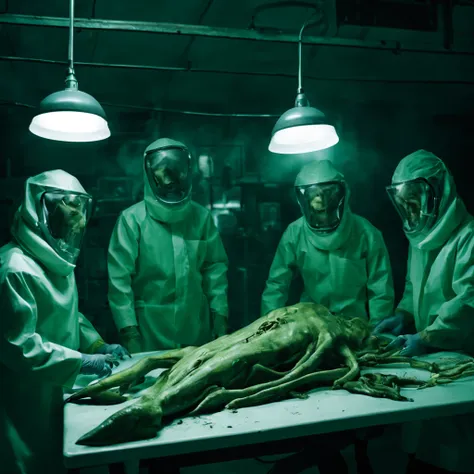 terrifying alien autopsy in grunge dirty style. a dark and dingy room. a group of scientists in white coats huddle around a long...