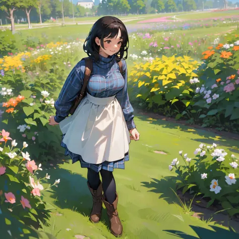 (High quality, High resolution, Ultra-detailed, Realistic:1.37), peaceful ambiance, (plein air, garden), Teenage girl standing alone, (My breasts are big.), Beautiful detailed features, Cute smile, (Black bob hair), Ribbed sweater, blue plaid skirt, Black ...