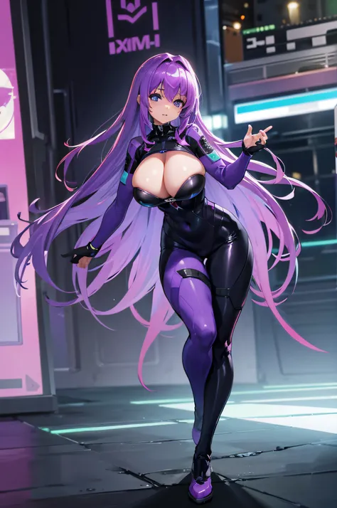 4K,hight resolution,One Woman,Bright purple hair,Longhaire,Bright blue eyes,Colossal tits,cybersuit,Full body tights,Underground Research Institute