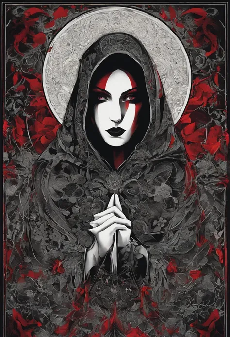 (sexy gothic demonic nun), dunkel, mysterious, bezaubernd, Beguilingly beautiful, (detailed facial features, stechende Augen, dunkelrote Lippen), black flowing robes, Kreuz Halskette, sinnlich, Seductive Pose, (kerzenbeleuchtete Kulisse, Ominous atmosphere...