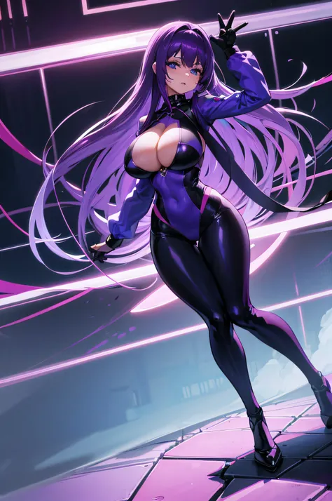 4K,hight resolution,One Woman,Bright purple hair,Longhaire,Bright blue eyes,Colossal tits,Cyber zentai,Underground Research Institute