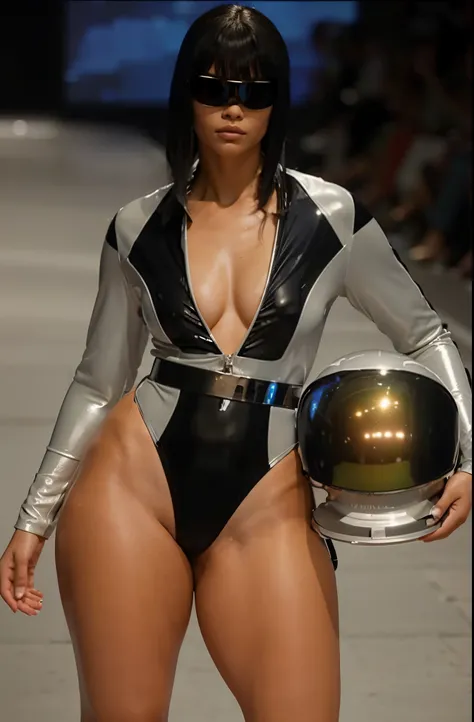 puffy woman in a bright jumpsuit with helmet on a track, usando equipamentos espaciais futuristas, Zoe Kravitz astronauta futurista, desfile futurista, usando roupas futuristas, vestindo futurista, futuristic white-space-bikini, em uma roupa de cadete espa...