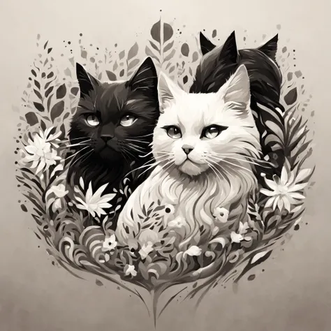 t-shirt design, painting of a black and white cats, a detailed painting by Petros Afshar, shutterstock contest winner, environmental art, detailed painting, outlined art, 2d minimal art, isolated background for logo