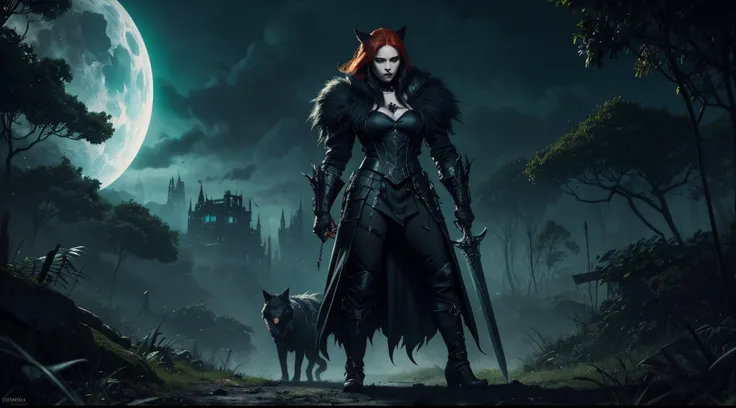 escena nocturna. Stunning and attractive redhead vampire woman accompanied by her giant wolf animal pet, dressed in spectacular green and black gothic armor and carrying a cyberpunk sword, posing for a photo on a dark, abandoned roller coaster where vegeta...