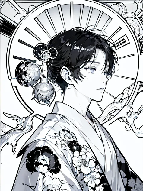 black and white manga style, Highly Detailed, Masterpiece, Hyper detailed, Illustration, (1 guy, 27 years old japanese man figure), (wearing yukata), in the shrine, cinematic shot, ((manga, manga style, black and white))