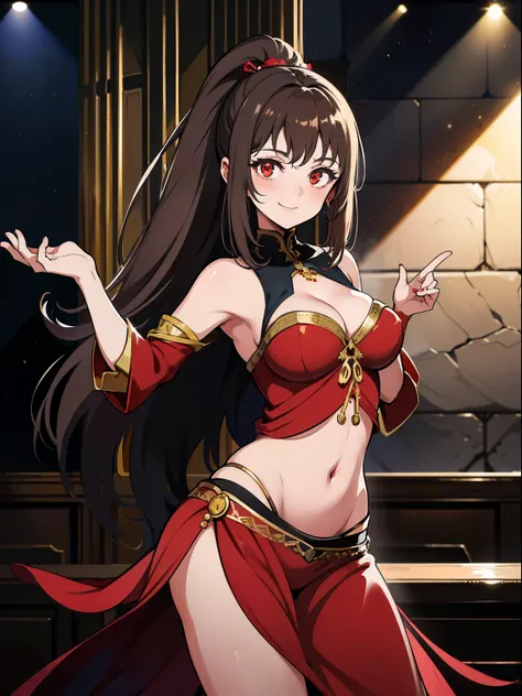 (masterpiece, flawless quality:1.2), red belly dancer outfit, cowboy shot, dancer, smiling, slim, medium bust, looking at viewer, stage, cleavage, very long silky ponytail, brown hair, red eyes, medieval era, posing, ancient, accessories, teenager, flowing...