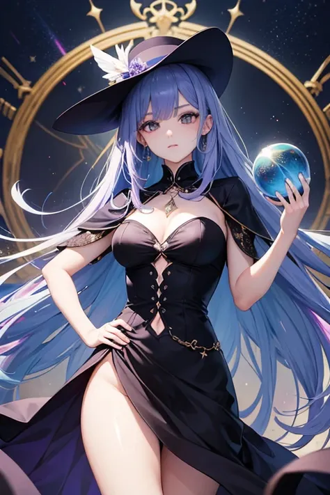 Obra maestra, La mejor calidad, 1girl, with long, iridescent hair in purple tones, azul, y verde, con un elegante traje negro, standing in a dramatic pose with one hand on the hip and the other holding a magic crystal ball. en segundo plano, A swirl of lig...