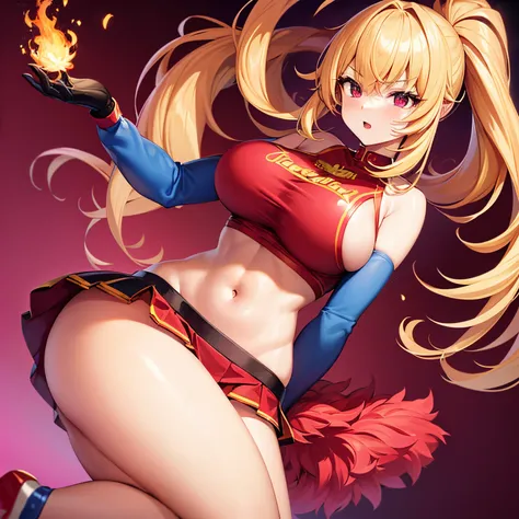 Magic cheerleader // alone woman // big boobs // red outfit // magic girl with fire magic // long blonde hair // red eyes