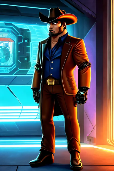 ((cartoon futuristic cowboy style man with robotic details and gangster appearance)), ((best quality)), ((master part)), (circunstanciado), rosto perfeito