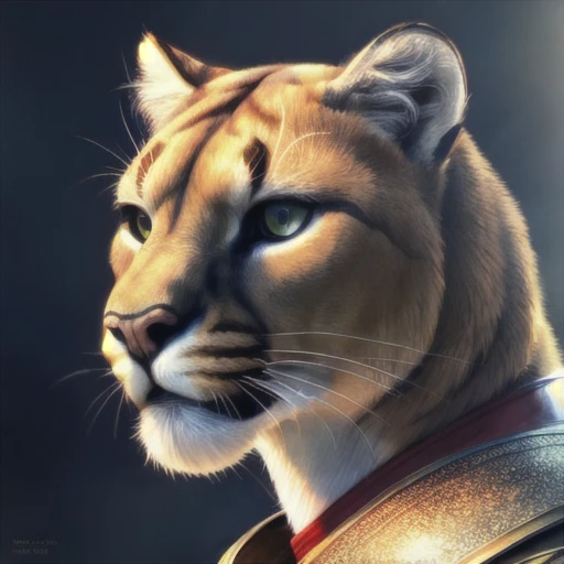 portrait cougar wearing leather armor, intricate, photorealistic, highly detailed, 8K, stoic