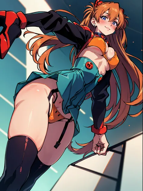 (masutepiece),(Best Quality), Asuka Langley Soryu，Blue eyes，hair between eye，headware，Interface headset，Orange hair，Red Ribbon、bow ribbon 、Colossal tits,Seductive underwear、Solo, (Curve:1.1), looking down to viewer, Smile on his face, ((From below:1.5)) Lo...