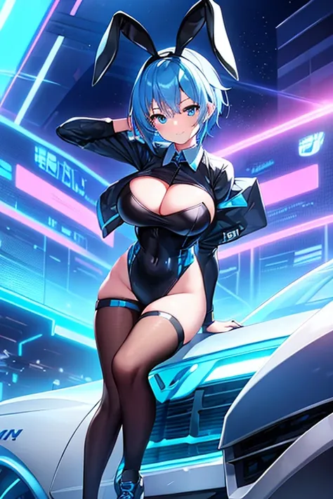 1girl, blue hair, large breasts, bunny ears, rabbit ears, wide hips, bodysuit, black bodysuit, blue eyes, short hair, very short hair, science-fiction, tech, futuristic, machinery, full body, neon trim, happy, light smile, shoes, car, sports car