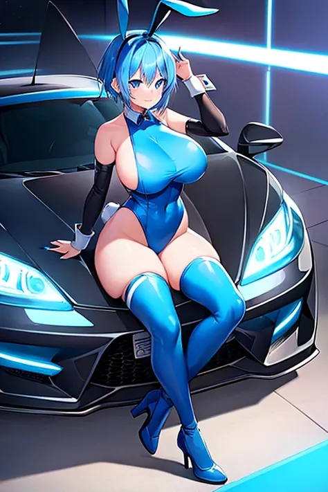 1girl, blue hair, large breasts, bunny ears, rabbit ears, wide hips, bodysuit, black bodysuit, blue eyes, short hair, very short hair, science-fiction, tech, futuristic, machinery, full body, neon trim, happy, light smile, shoes, car, sports car