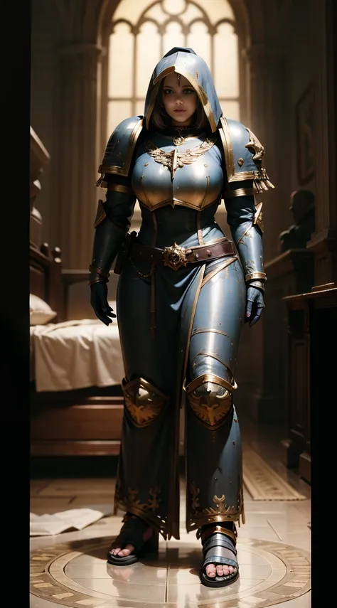 full body, barefoot, standing on bed, masterpiece, best quality, ultra-detailed, absurdres, warhummer 40000, adepta sororitas, girl, 1 person, beautiful face, a beautiful face, the perfect face, sister battle, warrior sororitas, nun, sister, armor, heavy a...