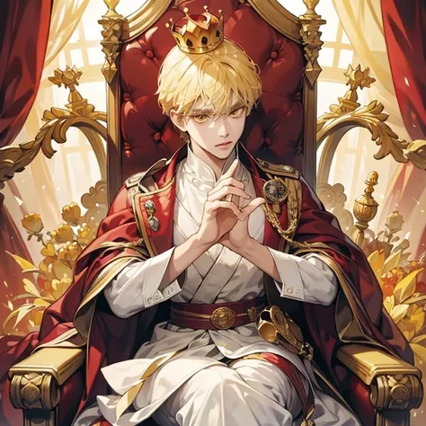 Best quality, masterpiece, ultra-high resolution, portrait of king of the kingdom, crown, blond hair and yellow eyes, sit in the throne, focus eyes, details fingers