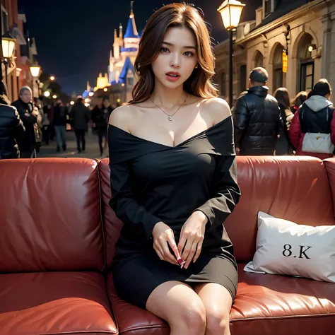 ((Night Scene, Realistic Light, Best Quality, 8K, Masterpiece: 1.3)), 1 Girl, Slim Body Beauty: 1.4, (Brown Hair, Middle Breast: 1.3), Off-Shoulder Cut Top: 1.3, Cleavage, Ultra Detailed Face, Detailed Eyes, Double Eyelids, Legs: 1.3, necklace, Red Cheeks:...