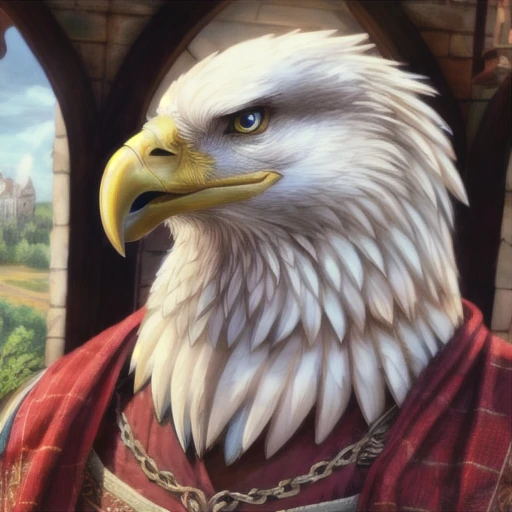 portrait eagle wearing a medieval shirt, intricate, photorealistic, highly detailed, 8K, stoic