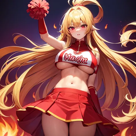 cheerleader // alone woman // big boobs // red outfit // magic girl with fire magic // long blonde hair // red eyes // fire magic