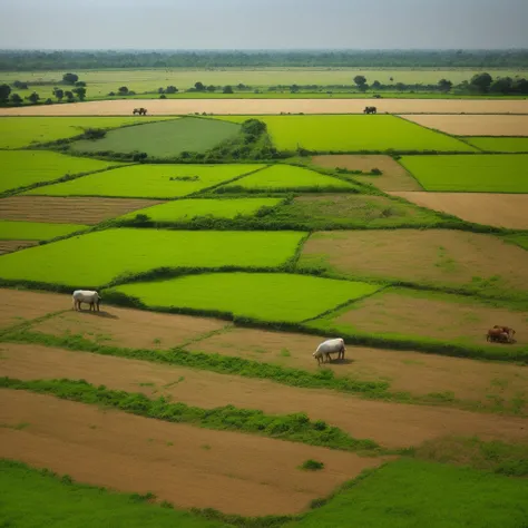 The traditional field of rural Bengal where cows and goats are eating grass and the villagers are drying the paddy after harvesting.