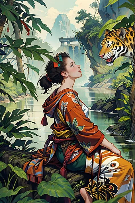 jungle spirit，appear in the form of a woman，There is a jaguar on the river bank