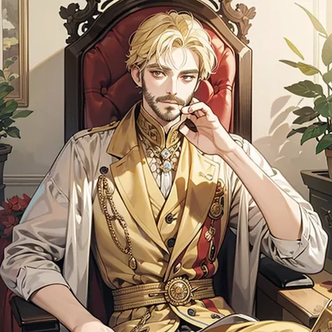 Best quality, masterpiece, ultra-high resolution, portrait of king of the kingdom, crown, blond hair and yellow eyes, sit in the throne, focus eyes, details fingers, 60 year old man, thin mustache and beard