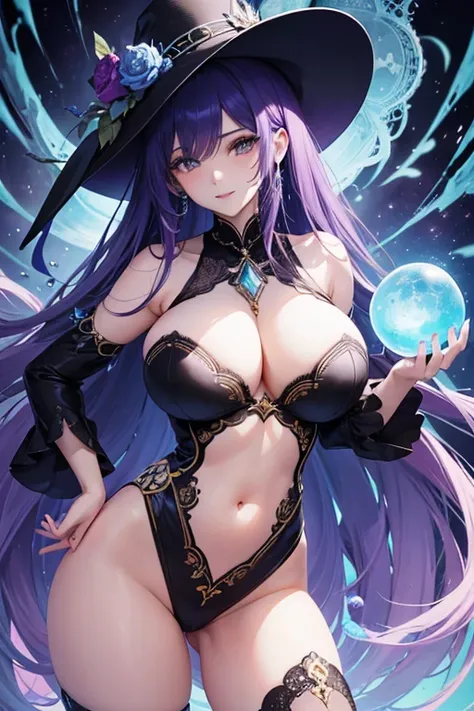 Obra maestra, La mejor calidad, 1girl, with long, iridescent hair in purple tones, azul, y verde, con un elegante traje negro, standing in a dramatic pose with one hand on the hip and the other holding a magic crystal ball. en segundo plano, A swirl of lig...