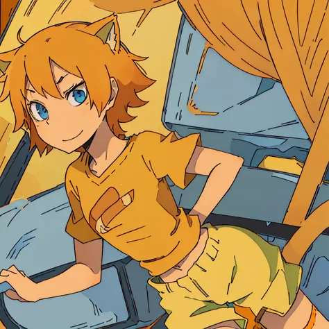 (short orange hair), ( yellow t-shirt), ( orange cat ears), (green cargo shorts), (cat boy),  (blue eyes)