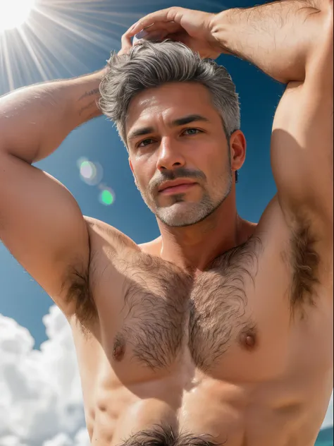 masterpiece, best quality, high resolution, closeup portrait, male focus, solo focus, A man, 50 years old, grey hair, in speedo, grey silver hair, messy hairstyle, cute and seductive face, bare chest, body hair, facial hair, pale skin, sun freckles, roman ...