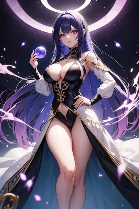 Obra maestra, La mejor calidad, 1girl, with long, iridescent hair in purple tones, azul, y verde, con un elegante traje negro, standing in a dramatic pose with one hand on the hip and the other holding a magic crystal ball. en segundo plano, A swirl of lig...